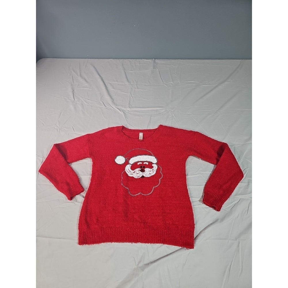 No Boundaries Juniors Red Soft Fuzzy Sequin Santa Christmas Sweater Size M (7-9)